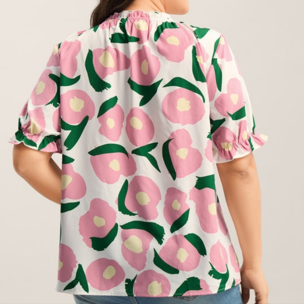 Bloom Chic Ruffled Neck Puffy Sleeve Blouse-Floral White, Pink and Green Pattern - Picture 3 of 6